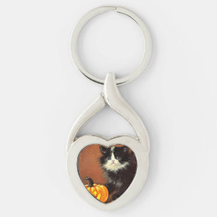 Vintage Black and White Halloween Kitten Key Ring
