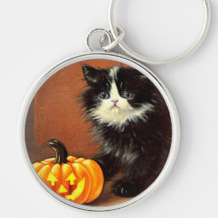 Vintage Black and White Halloween Kitten Key Ring