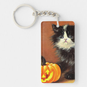 Vintage Black and White Halloween Kitten Key Ring