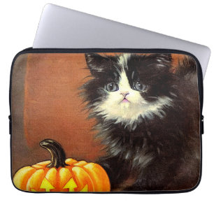 Vintage Black and White Halloween Kitten Laptop Sleeve