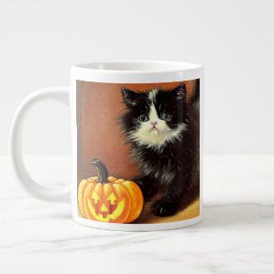 Vintage Black and White Halloween Kitten Large Coffee Mug