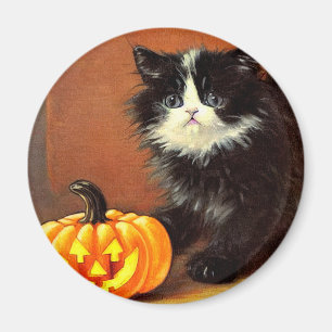 Vintage Black and White Halloween Kitten Magnet