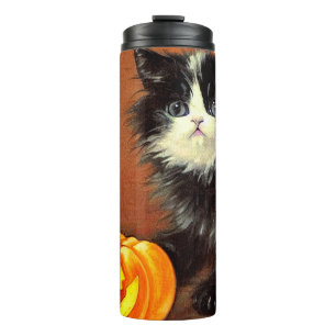 Vintage Black and White Halloween Kitten Thermal Tumbler