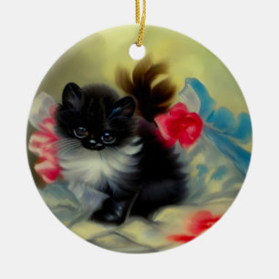 Vintage Black and White Kitten Painting Ceramic Ornament