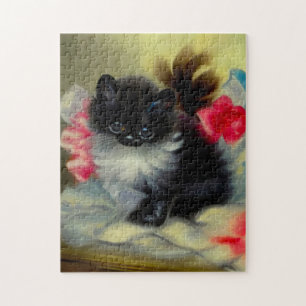Vintage Black and White Kitten Painting Jigsaw Puzzle