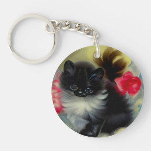 Vintage Black and White Kitten Painting Key Ring