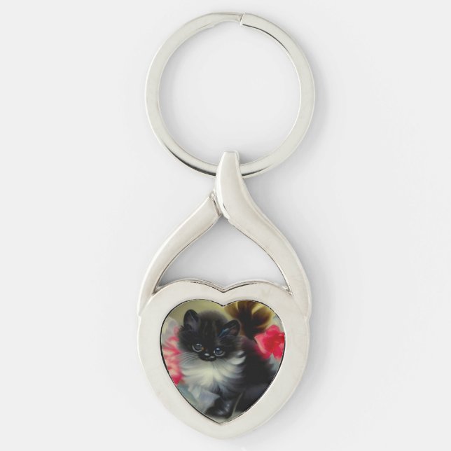 Vintage Black and White Kitten Painting Key Ring (Front)