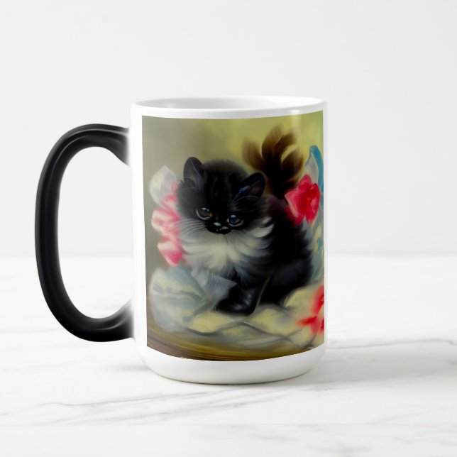 Vintage Black and White Kitten Painting Magic Mug (Left)