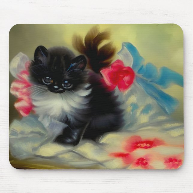 Vintage Black and White Kitten Painting Mouse Pad (Front)