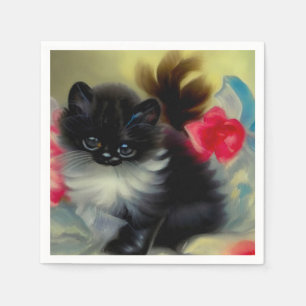 Vintage Black and White Kitten Painting Napkin