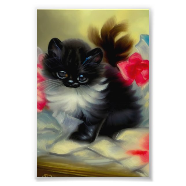 Vintage Black and White Kitten Painting Photo Print (Front)