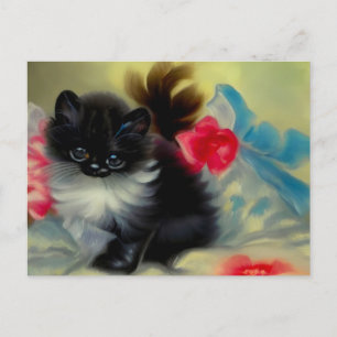 Vintage Black and White Kitten Painting Postcard