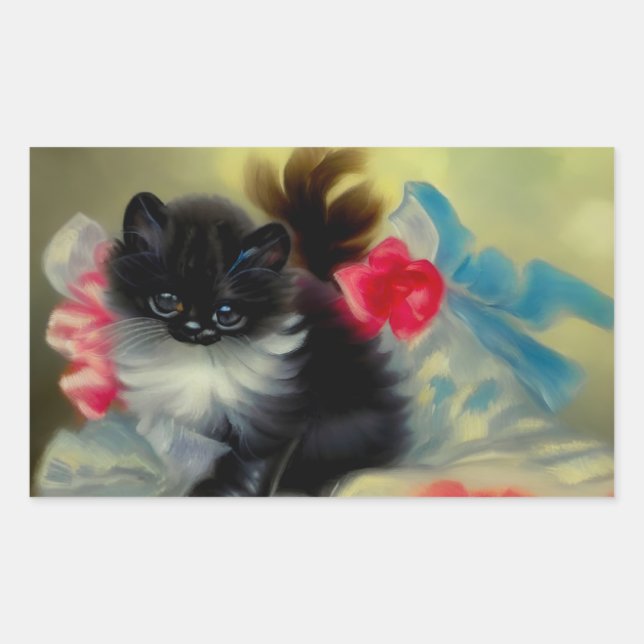 Vintage Black and White Kitten Painting Rectangular Sticker (Front)