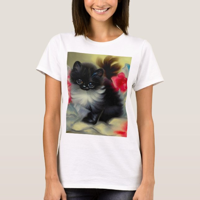 Vintage Black and White Kitten Painting T-Shirt (Front)