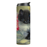 Vintage Black and White Kitten Painting