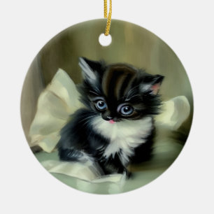 Vintage Black and White Kitten Tongue Sticking Out Ceramic Ornament
