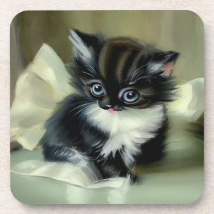 Vintage Black and White Kitten Tongue Sticking Out Coaster