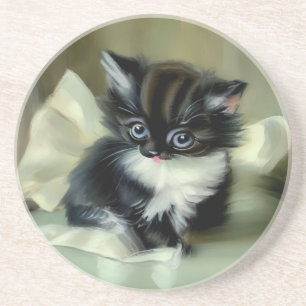 Vintage Black and White Kitten Tongue Sticking Out Coaster