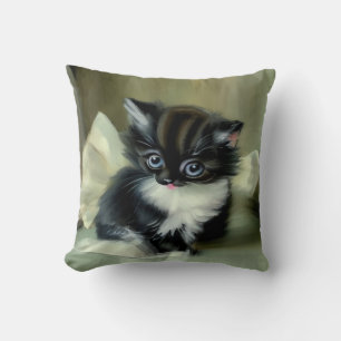 Vintage Black and White Kitten Tongue Sticking Out Cushion