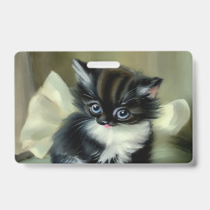 Vintage Black and White Kitten Tongue Sticking Out ID Badge