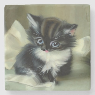 Vintage Black and White Kitten Tongue Sticking Out Stone Coaster