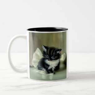 Vintage Black and White Kitten Tongue Sticking Out Two-Tone Coffee Mug