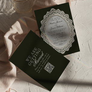 Vintage Black And White Lace Doily QR Code Wedding Invitation