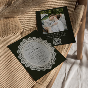 Vintage Black And White Lace QR Code Photo Wedding Invitation