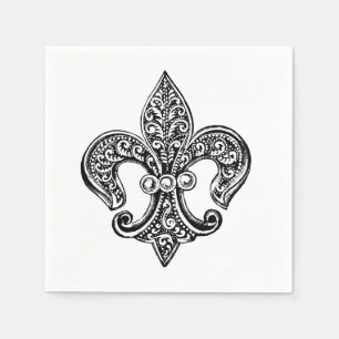 Vintage Black and White Lacy Fleur De Lis Napkin