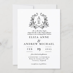 Vintage Black and  White Monogram Crest Wedding Invitation