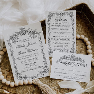Vintage Black And White Old Money Classy Wedding Invitation