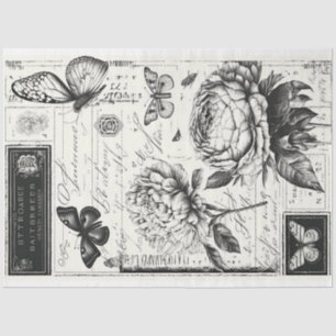 Vintage black and white peonies and butterflies tissue paper