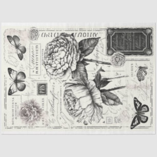 Vintage black and white peonies and butterfly tissue paper