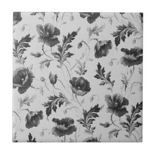 Vintage black and white poppies flower pattern ceramic tile