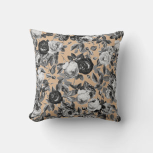 Vintage Black and White Roses on Tan Floral Cushion
