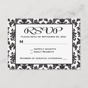 Vintage Black And White RSVP Damask Floral Card