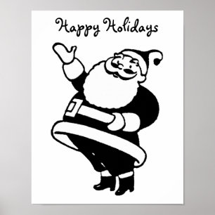 Vintage Black And White Santa Claus Art Poster