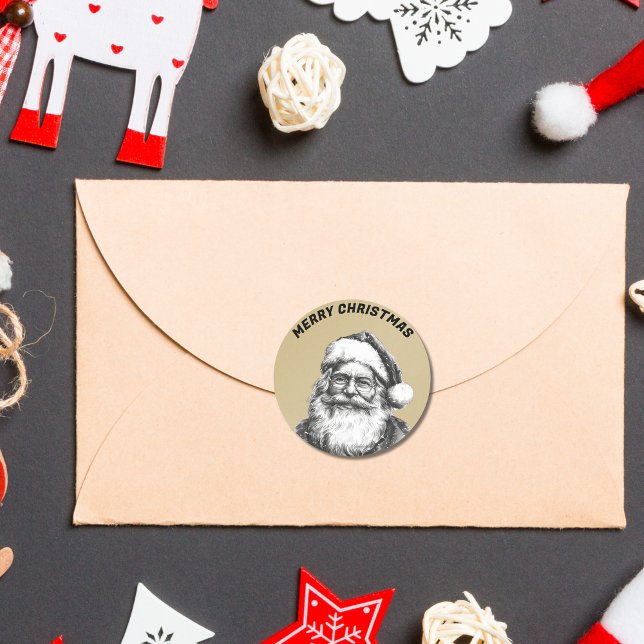 Vintage Black and White Santa Gold Classic Round Sticker (Creator Uploaded)