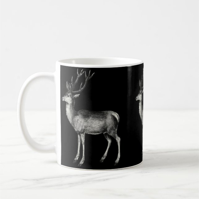 Vintage black and white Stag illustration, Coffee Mug (Left)