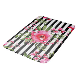 Vintage Black And White Stripes And pink flowers Bath Mat