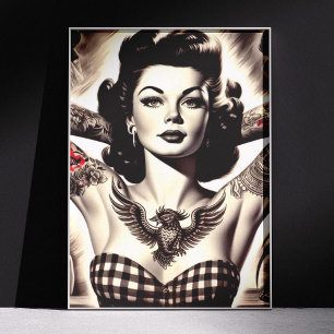 Vintage Black and White Tattooed Pin-up Drawing Poster