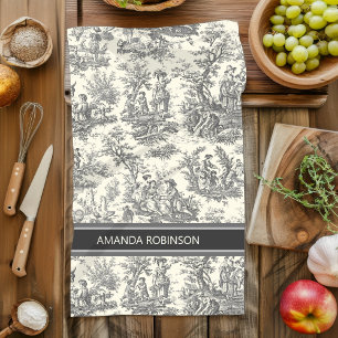 Vintage black and white toile de jouy printed tea towel