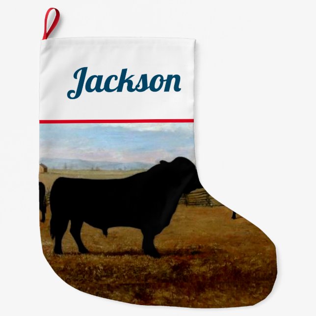 Vintage Black Angus Bull Large Christmas Stocking (Front)