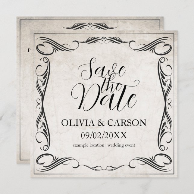 Vintage Black Art Deco Wedding Save the Date (Front/Back)