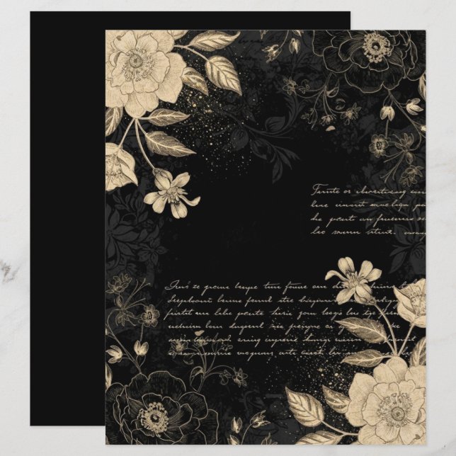 Vintage Black Beige Floral Script Scrapbook Paper (Front/Back)