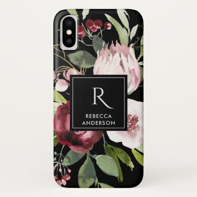 VINTAGE BLACK BLUSH PINK BURGUNDY PROTEA FLORAL Case-Mate iPhone CASE (Back)