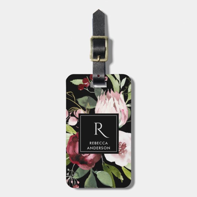 VINTAGE BLACK BLUSH PINK BURGUNDY PROTEA FLORAL LUGGAGE TAG (Front Vertical)