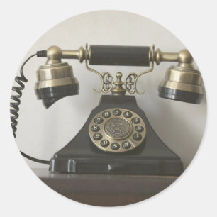 Vintage Black Brass Rotary Telephone Classic Round Sticker
