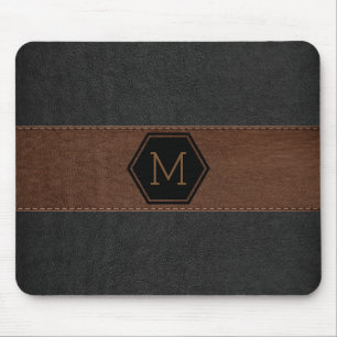 Vintage Black & Brown Leather Print Monogram Mouse Pad