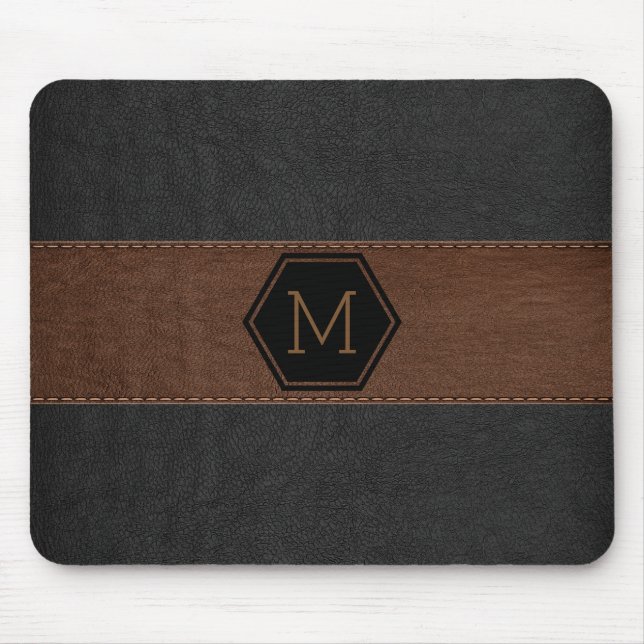 Vintage Black & Brown Leather Print Monogram Mouse Pad (Front)